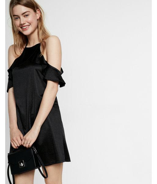 Express Satin Ruffle Cold Shoulder Trapeze Dress