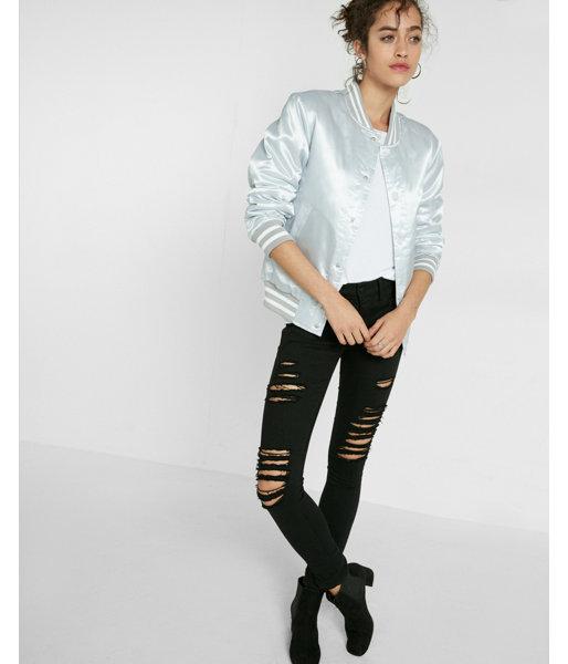 Express Womens Shiny Silver Filled Bomber Jacket