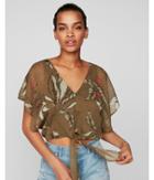 Express Womens Petite Floral Chiffon Tie Front Cropped Top