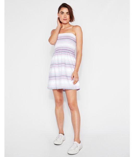 Express Womens Striped Strapless Smocked Bodice Fit And Flare Dress