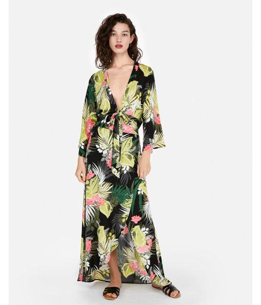 Express Womens Tropical Print Deep V-neck Tie Front Top