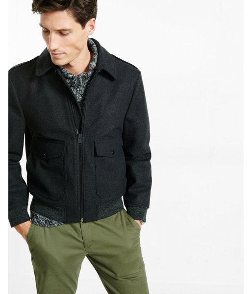 Express Mens Wool Blend Faux Fur Collar Aviator Bomber Jacket