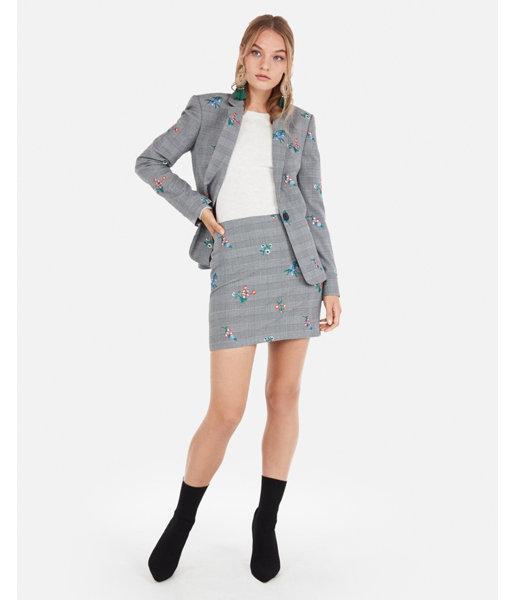 Express Womens Floral Embroidered Plaid Blazer