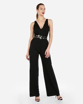 Express Womens Deep V-neck Wide Leg Palazzo Jumpsuit