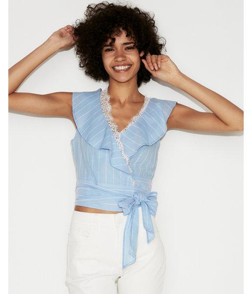 Express Womens Stripe Ruffle Surplice Double Wrap Top