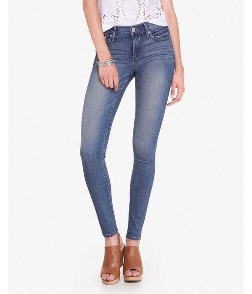 Express Womens Mid Rise Medium Wash Contrast Stitch Jeggings