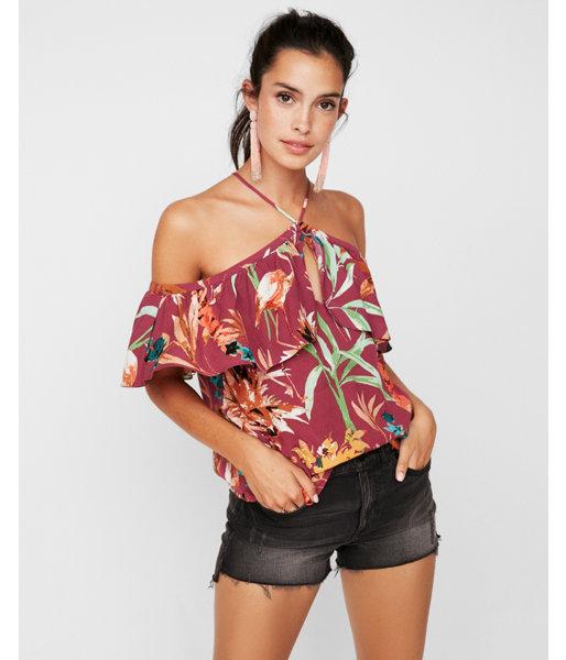 Express Womens Off The Shoulder Floral Halter Top