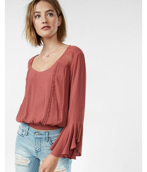 Express Petite Lace Smocked Hem Blouse