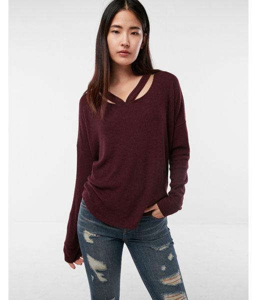 Express Womens Petite Ribbed Double Slash Neck Tunic Top