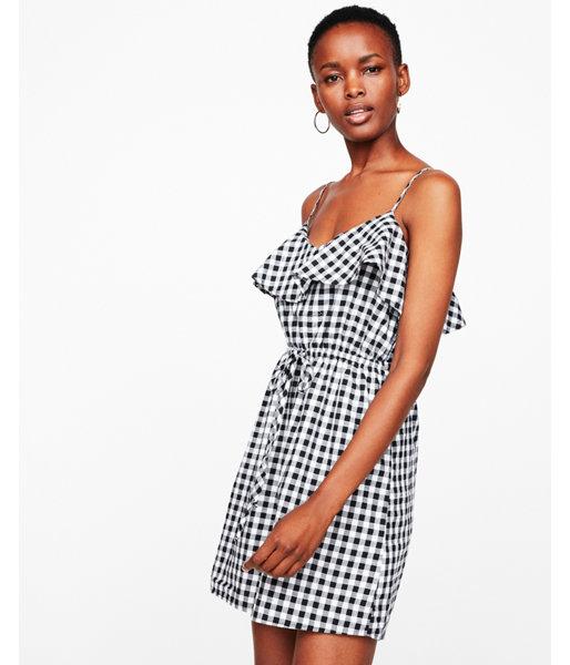Express Womens Gingham Ruffle Front Tie Waist Dress