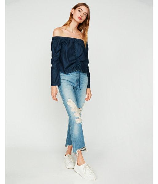 Express Womens Off The Shoulder Shirred Denim Top