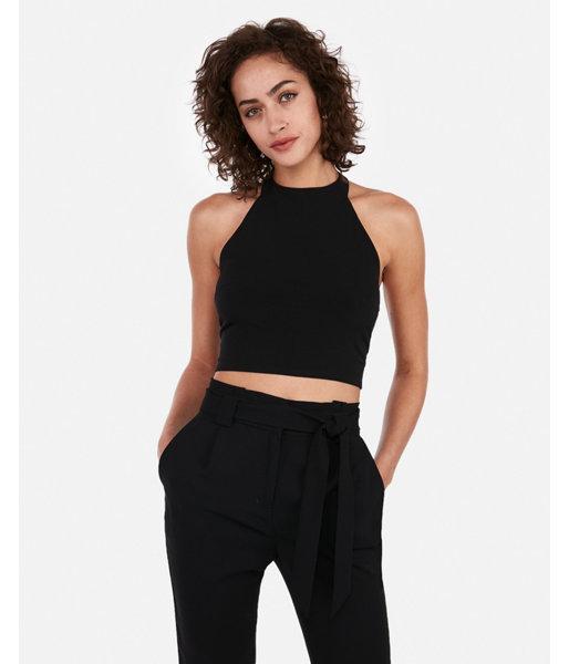 Express Womens Cropped High Neck Tie Back Top