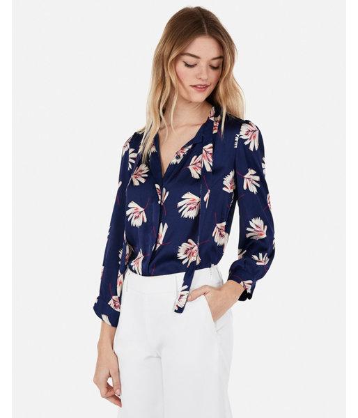 Express Womens Palm Print Tie Neck Button Front