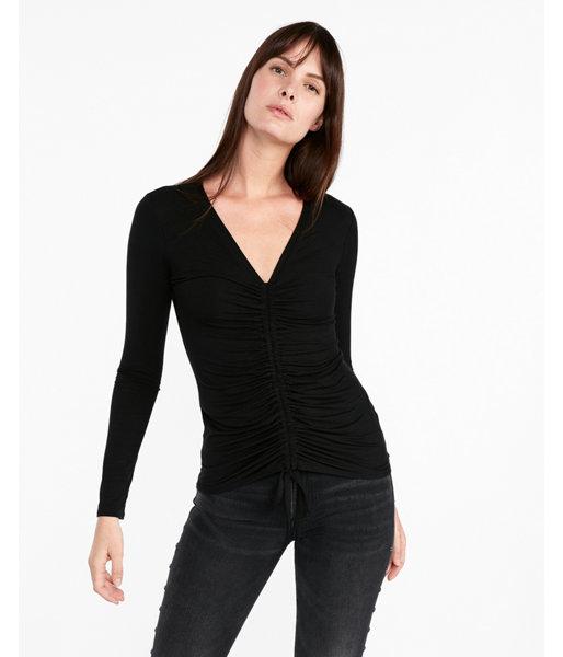 Express Womens Ruched Tie Front V-neck Blouse