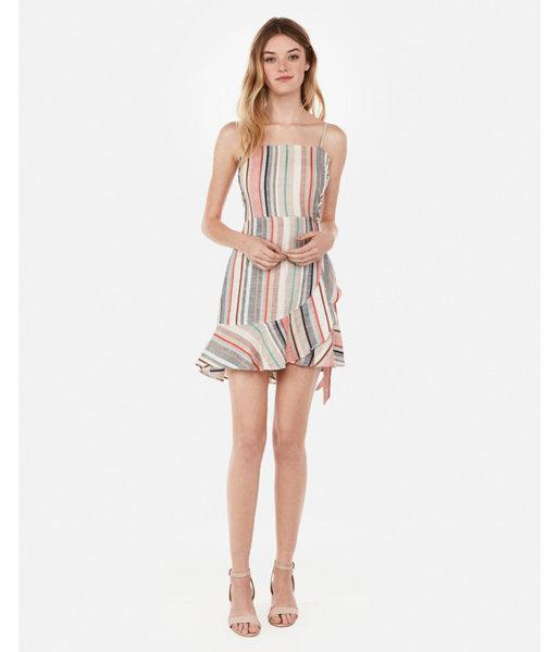 Express Womens Multi-striped Square Neck Ruffle Front Wrap Dress