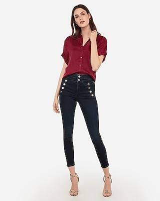 Express Womens Stripe Short Sleeve Rolled Cuff