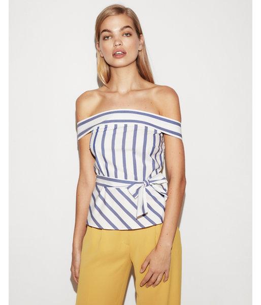 Express Womens Stripe Off The Shoulder Tie Waist Peplum Top