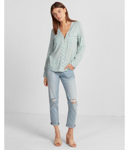 Express Polka Dot Long Sleeve Zip Front Blouse