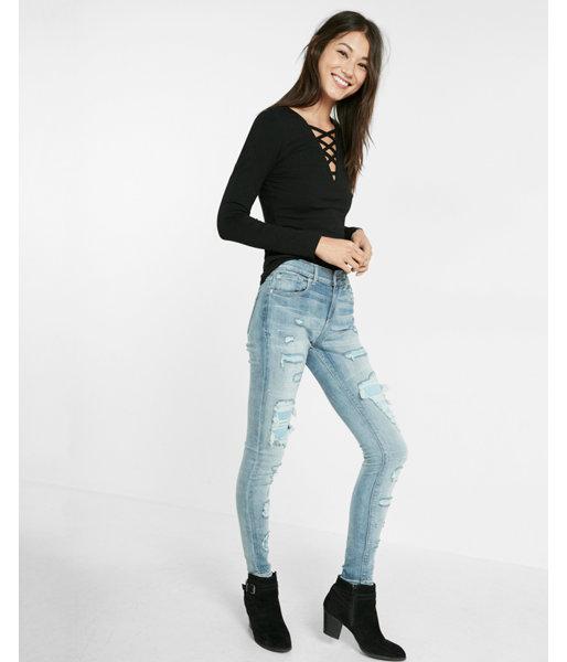 Express Womens Strappy Long Sleeve V Neck Tee