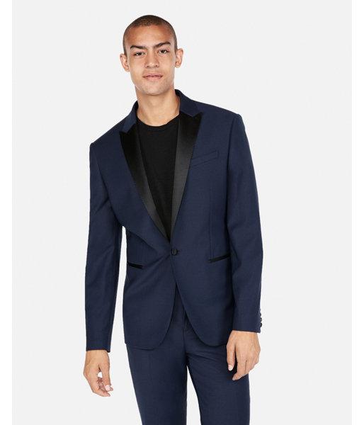 Express Mens Slim Navy Wool-blend Performance Stretch Tuxedo Jacket