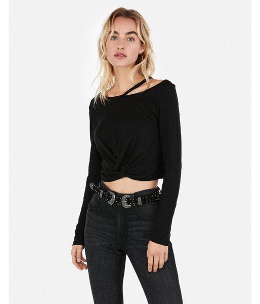 Express Womens Express One Eleven Slash Neck Abbreviated Twist Tee
