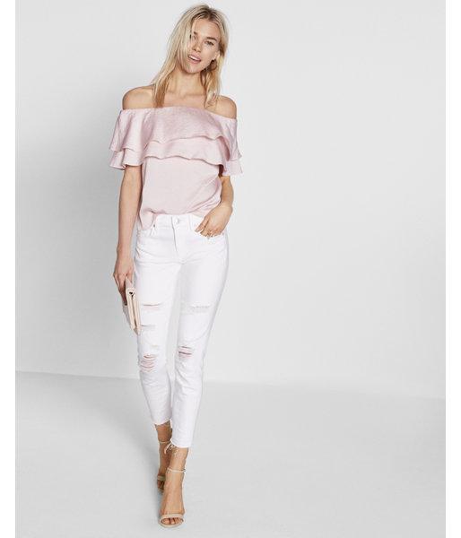 Express Womens Satin Ruffle Off The Shoulder Blouse