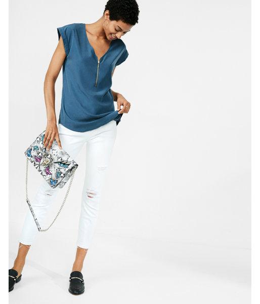 Express Sandwashed Rolled Sleeve V-neck Zip Top