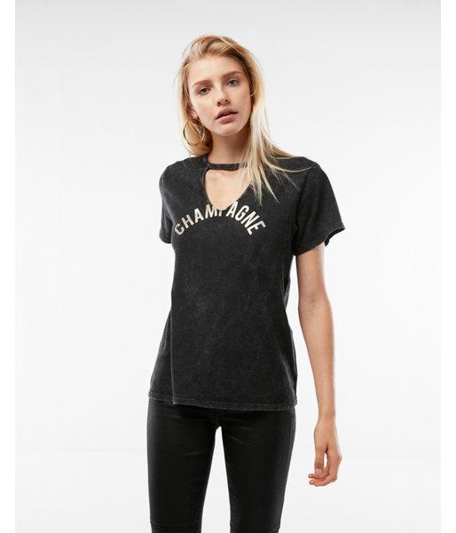 Express Womens Petite Champagne Washed Choker Neck Graphic Tee