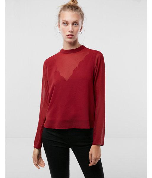 Express Womens Sheer Scalloped High Neck Blouse