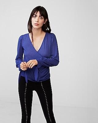 Express Womens Deep V-neck Surplice Tie Cuff Top