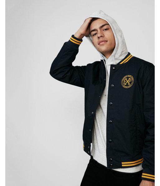 Express Mens Ribbed Trim Logo Patch Bomber Jacket