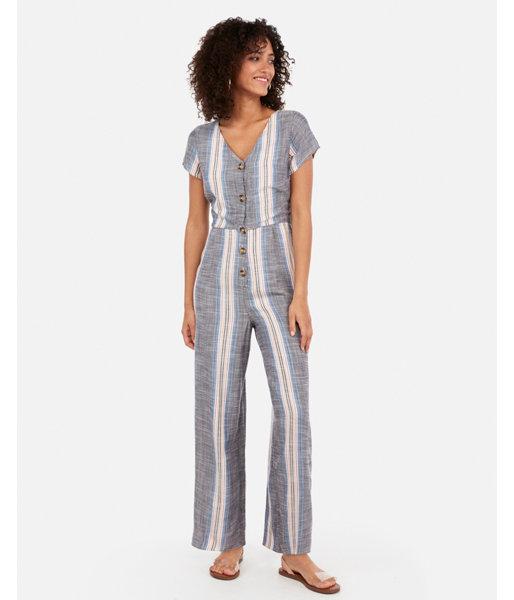 Express Womens Striped Button Front Tie Back Culotte Jumpsuit