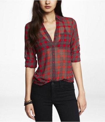Womens Tartan Plaid Convertible Sleeve Portofino Shirt Red X Small