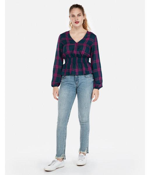 Express Womens Plaid Surplice Smocked Waist Top