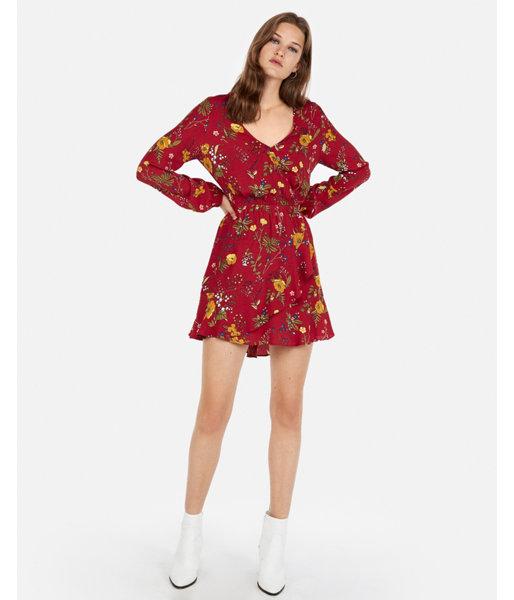 Express Womens Floral Elastic Waist Wrap Dress