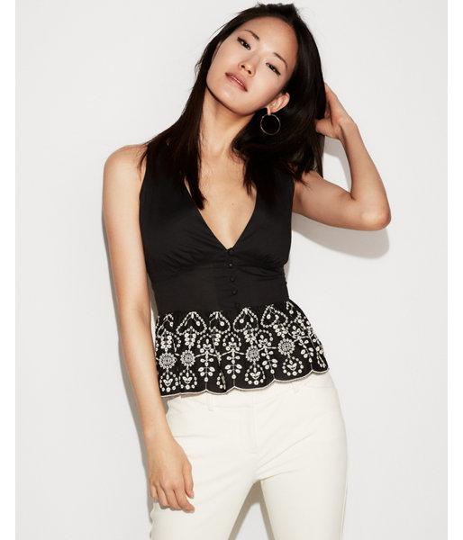 Express Womens Petite Embroidered Cotton Peplum Tank