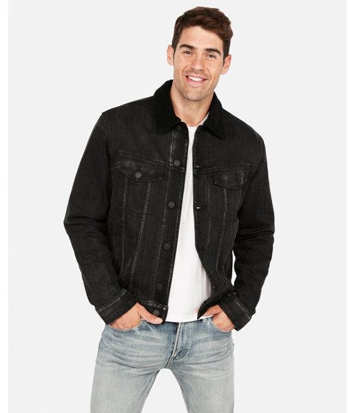 Express Mens Black Sherpa Lined Denim Trucker Jacket