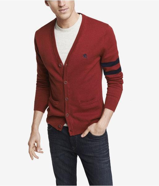 Express Mens Varsity Stripe Small Lion Cardigan Red