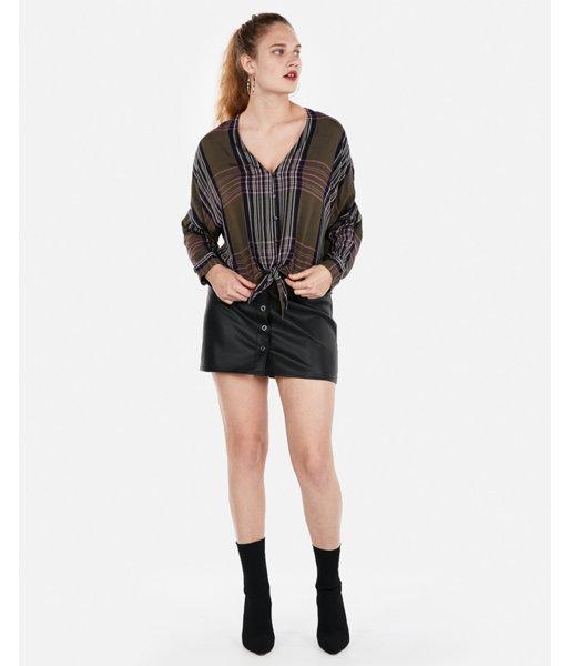 Express Womens Plaid Long Sleeve Tie Hem Top