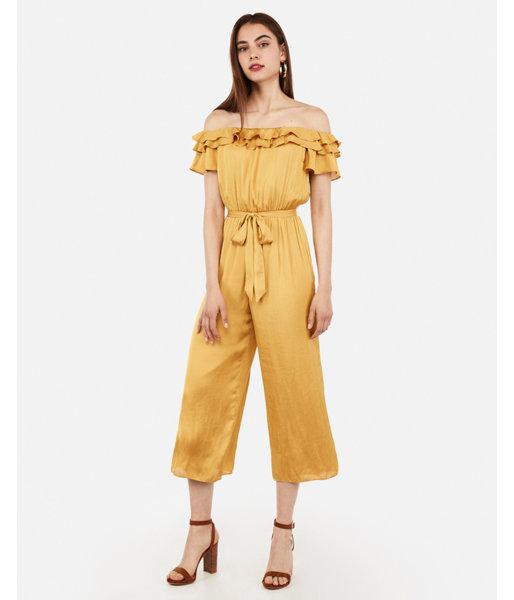 Express Womens Satin Double Ruffle Off The Shoulder Jumpsuit