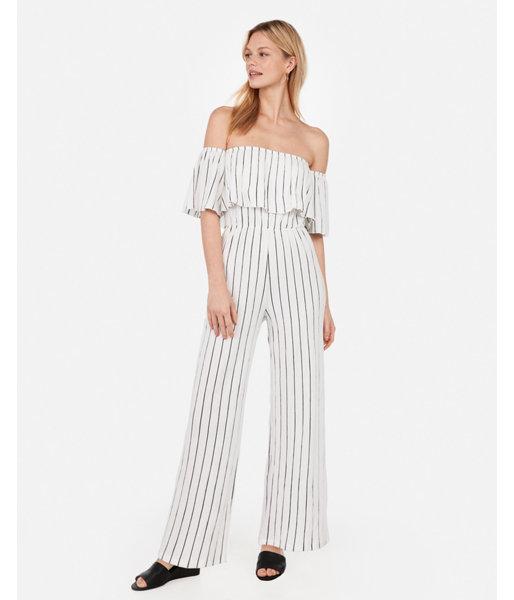 Express Womens Striped Off The Shoulder Flounce Jumpsuit
