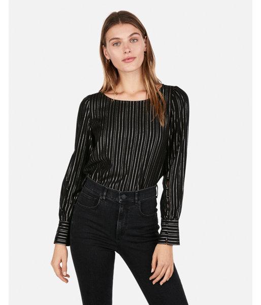 Express Womens Metallic Stripe Puff Sleeve Button Front Top