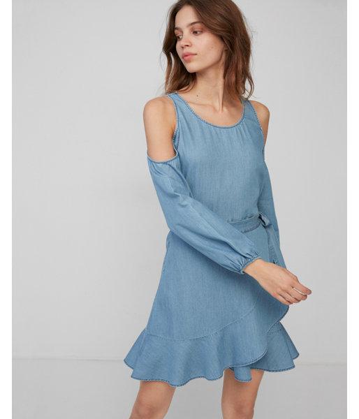 Express Womens Petite Cold Shoulder Ruffle Wrap Dress