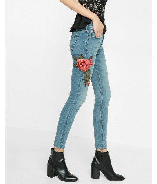 Express Mid Rise Rose Patch Embellished Stretch Ankle Jean