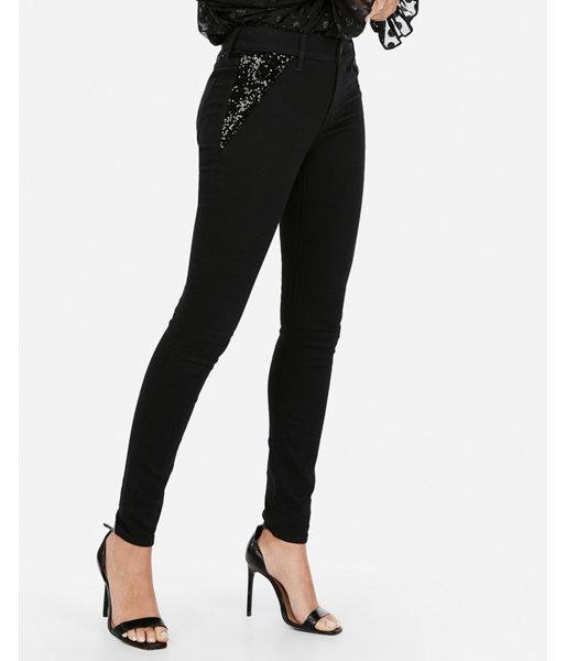 Express Womens Mid Rise Black Sequin Stretch Denim