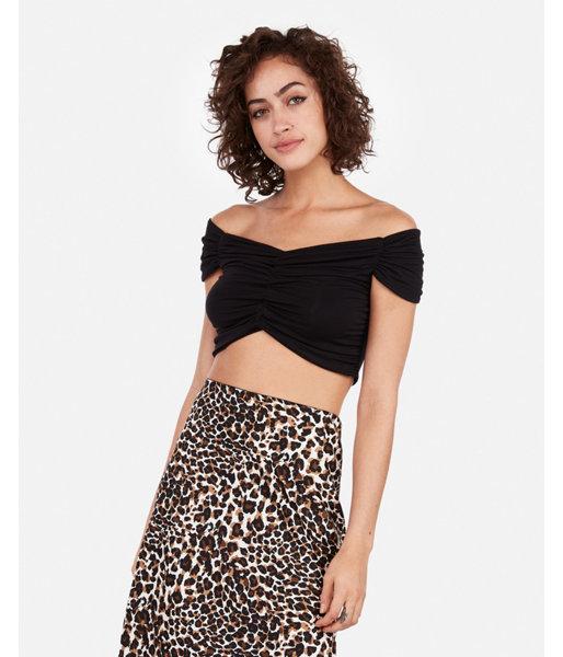 Express Womens Rocky Barnes Ruched Off The Shoulder Crop Top