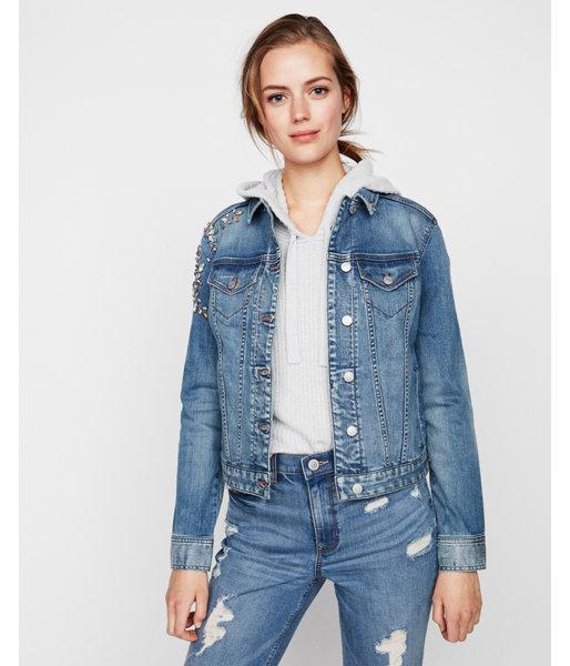 Express Womens Rhinestone Embellished Denim Trucker Jacket