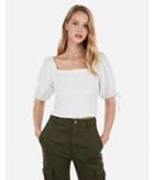 Express Womens Puff Sleeve Linen-blend Cropped Top