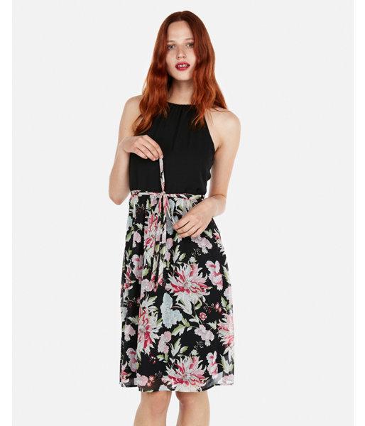 Express Womens Floral Tie Waist High Neck