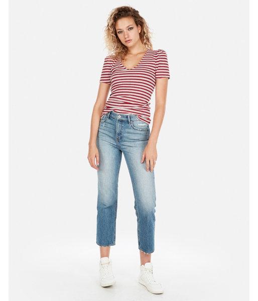 Express Womens Striped Ribbed Puff Sleeve V-neck Tee